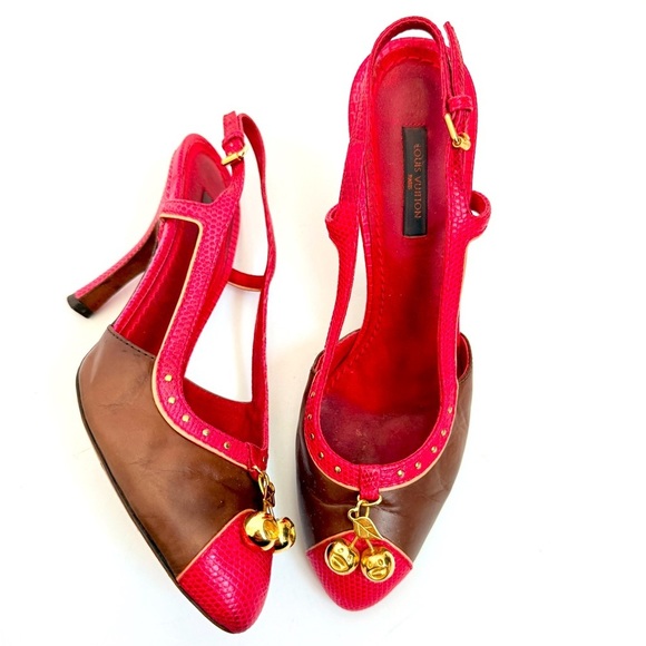 Louis Vuitton Brown Red Leather Takashi Murukami Cherry Sling back pumps EU 38.5 - Picture 1 of 10